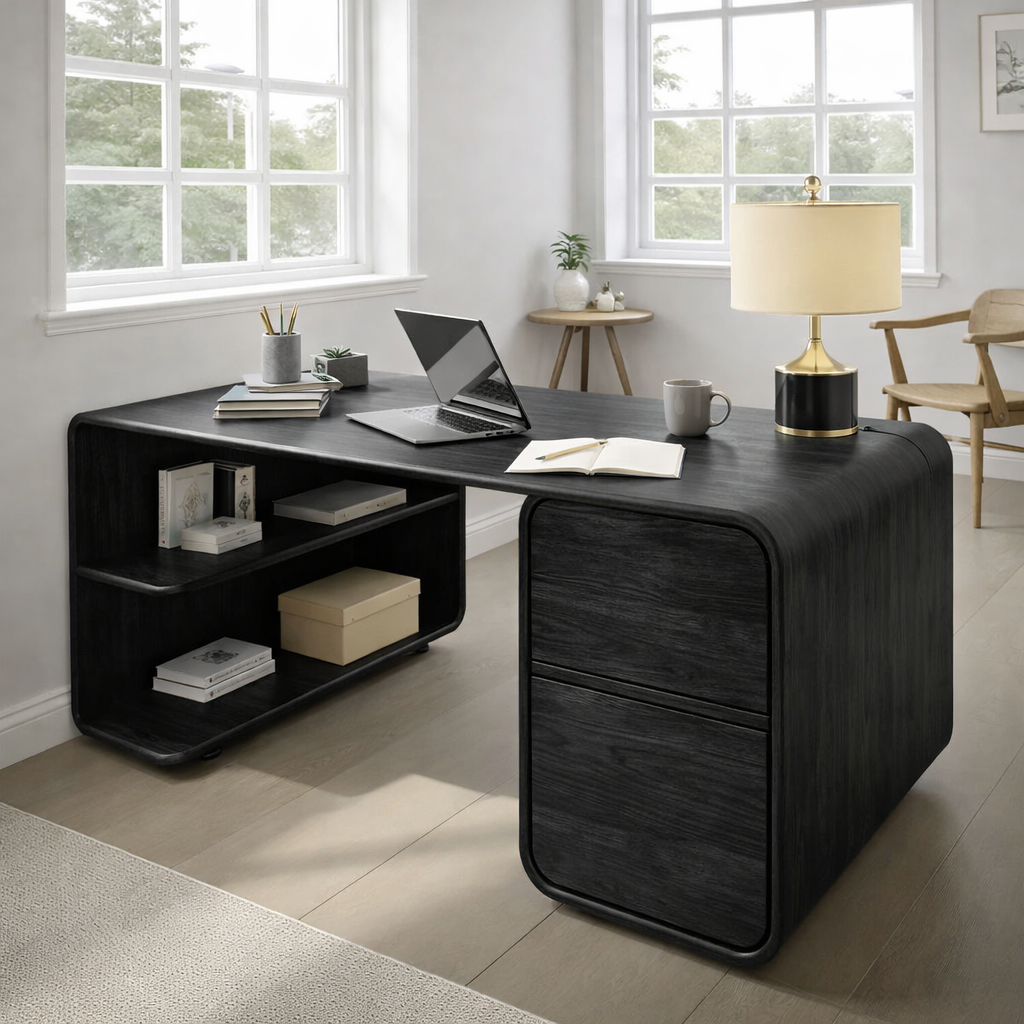 Modern L-Shaped Solid Wood Desk with Curved Silhouette and Integrated Storage