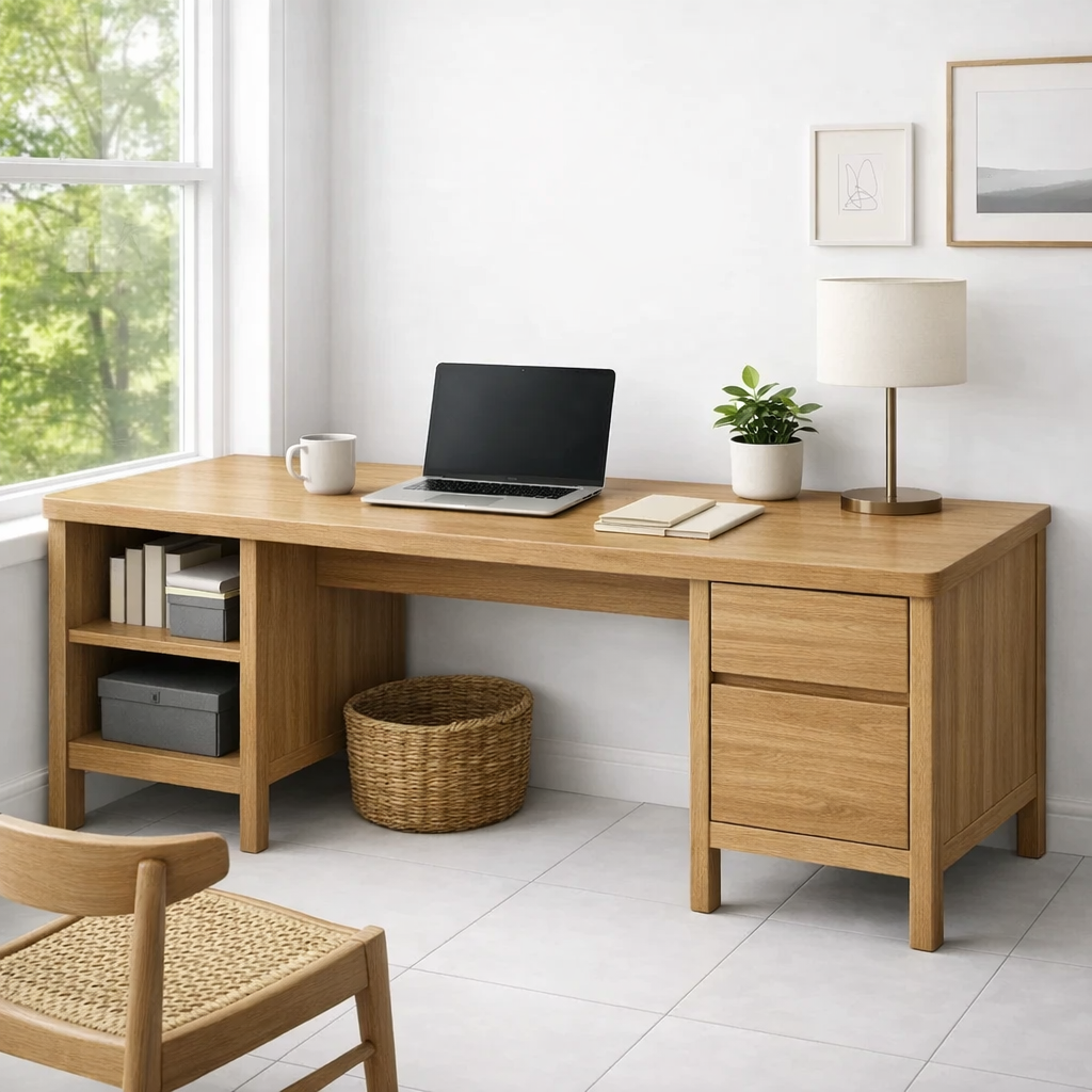 Solid Wood Executive Desk with Integrated Storage Drawers and Open Shelving