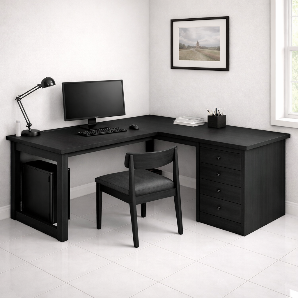 L-Shaped Solid Wood Executive Corner Desk with Storage Drawers