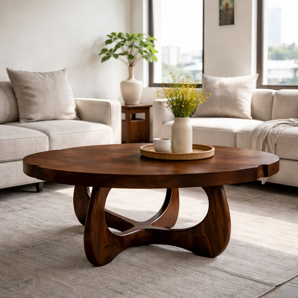 Modern Round Solid Wood Coffee Table with Sculptural Pedestal Base