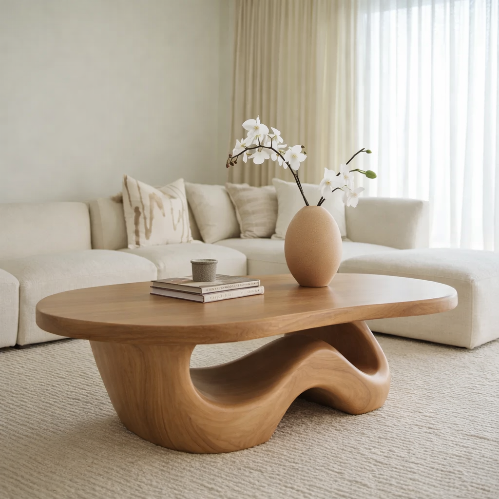 Solid Wood Coffee Table with Sculpted Organic Wave Base