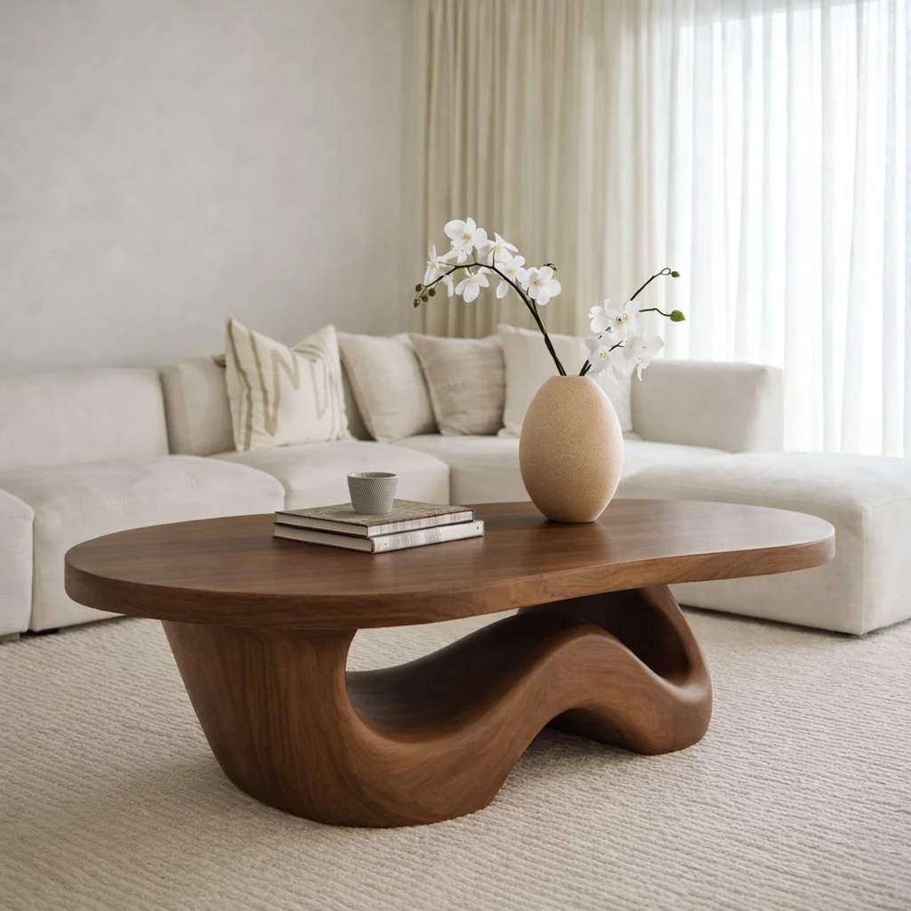 Solid Wood Coffee Table with Sculpted Organic Wave Base