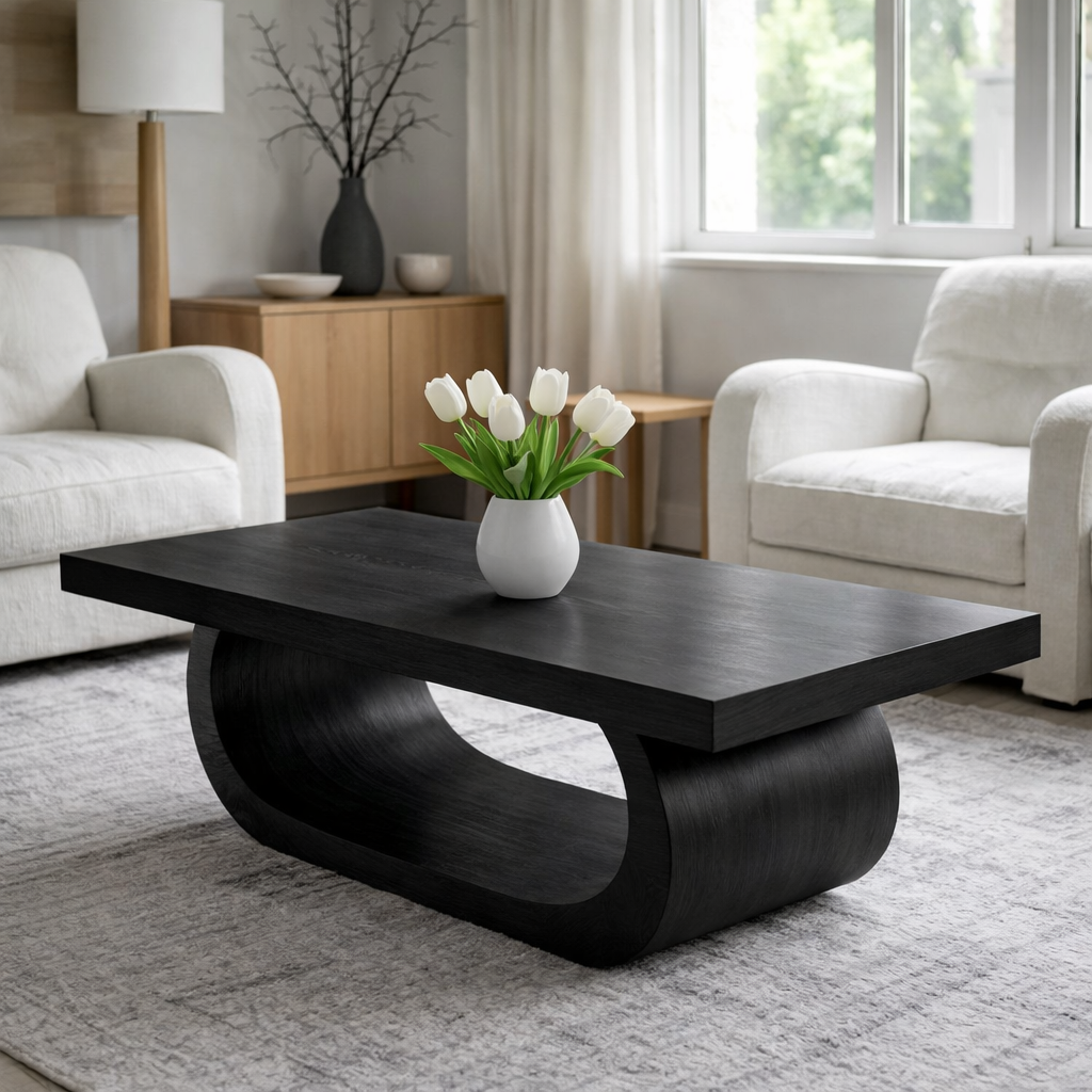 Solid Wood Coffee Table for Living Room with Curved Sculptural Base