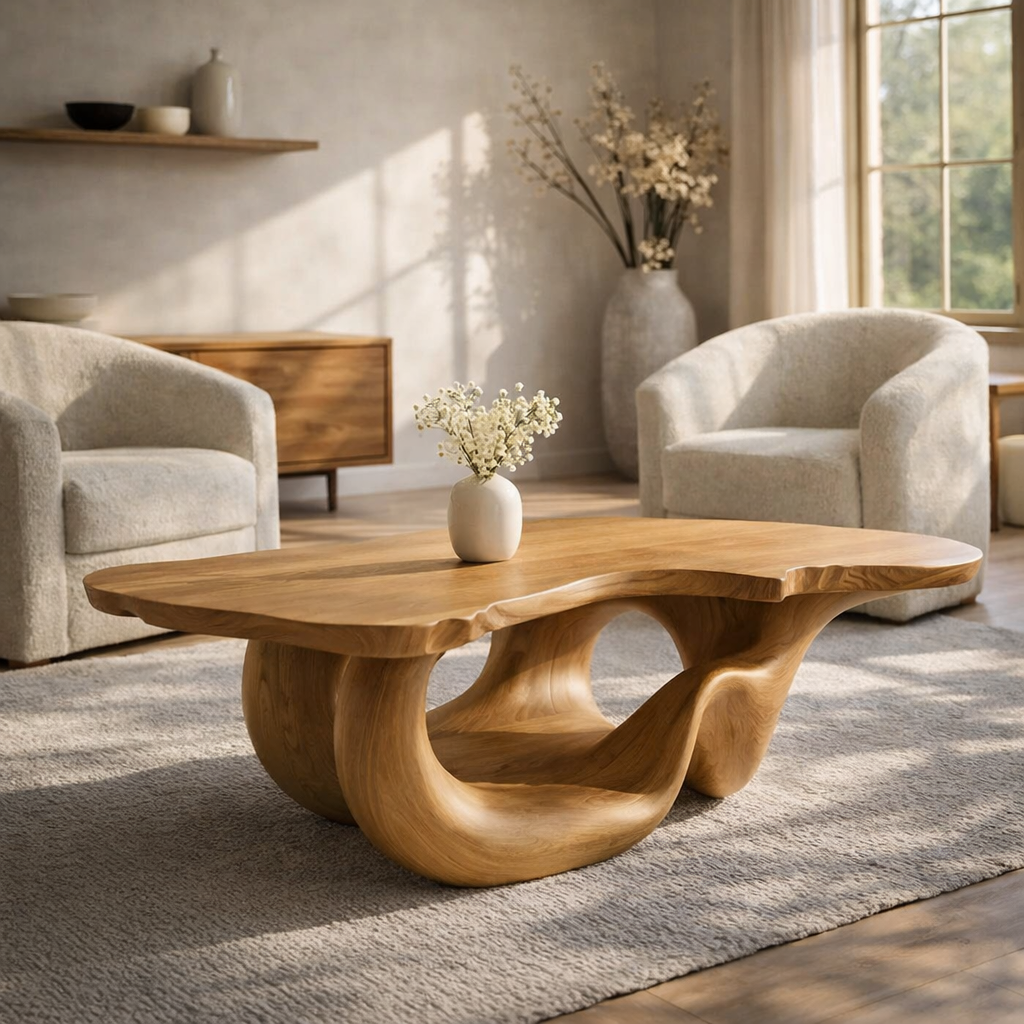 Solid Wood Live Edge Coffee Table for Modern Living Space with Sculptural Base