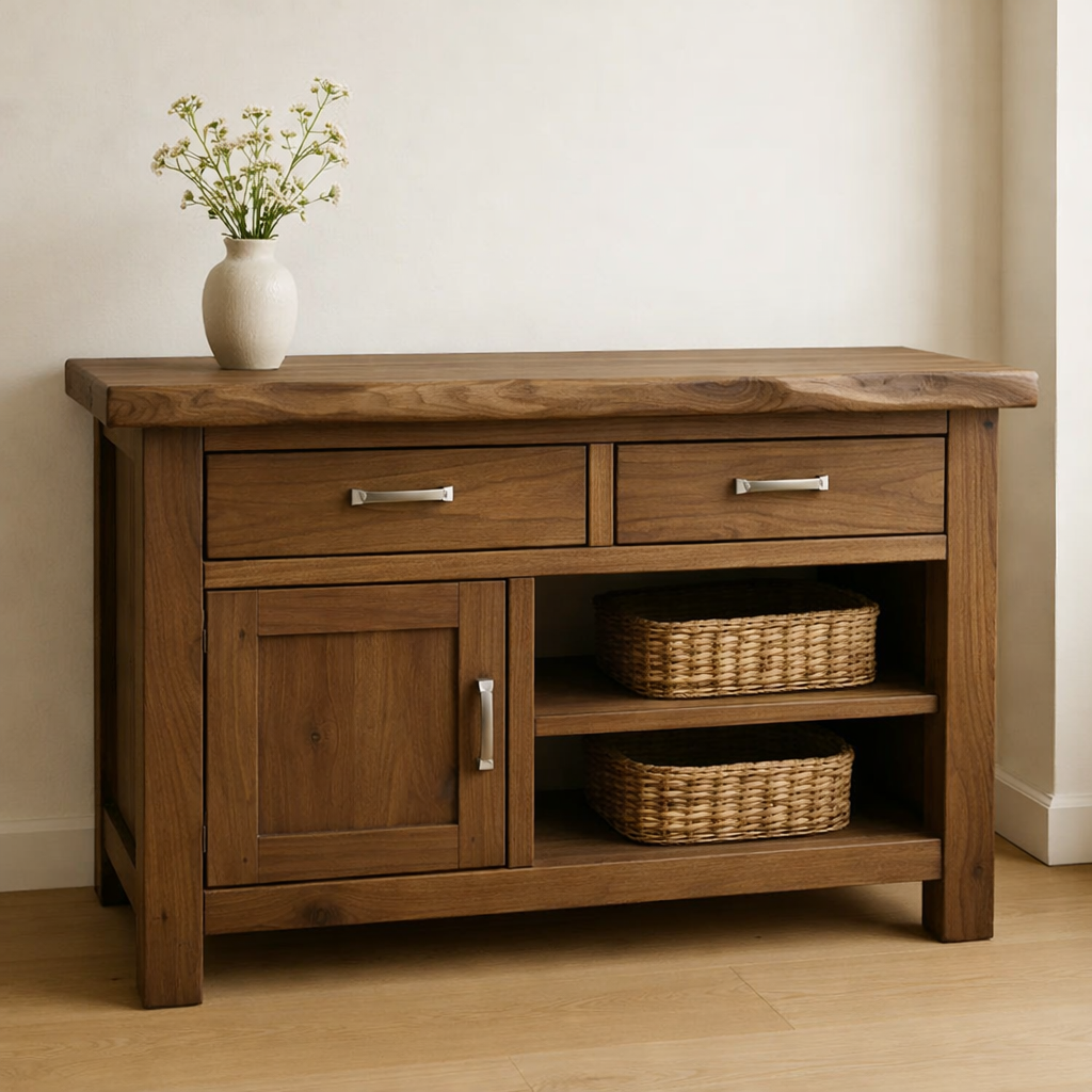 Solid Wood Console Table with 2 Drawers and Open Shelving for Storage