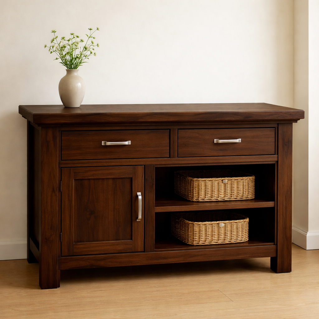 Solid Wood Console Table with 2 Drawers and Open Shelving for Storage