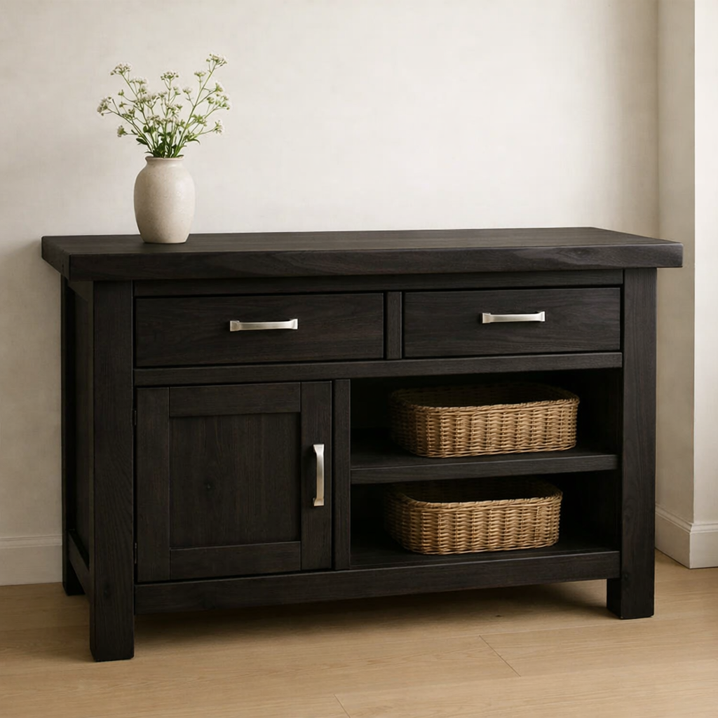 Solid Wood Console Table with 2 Drawers and Open Shelving for Storage