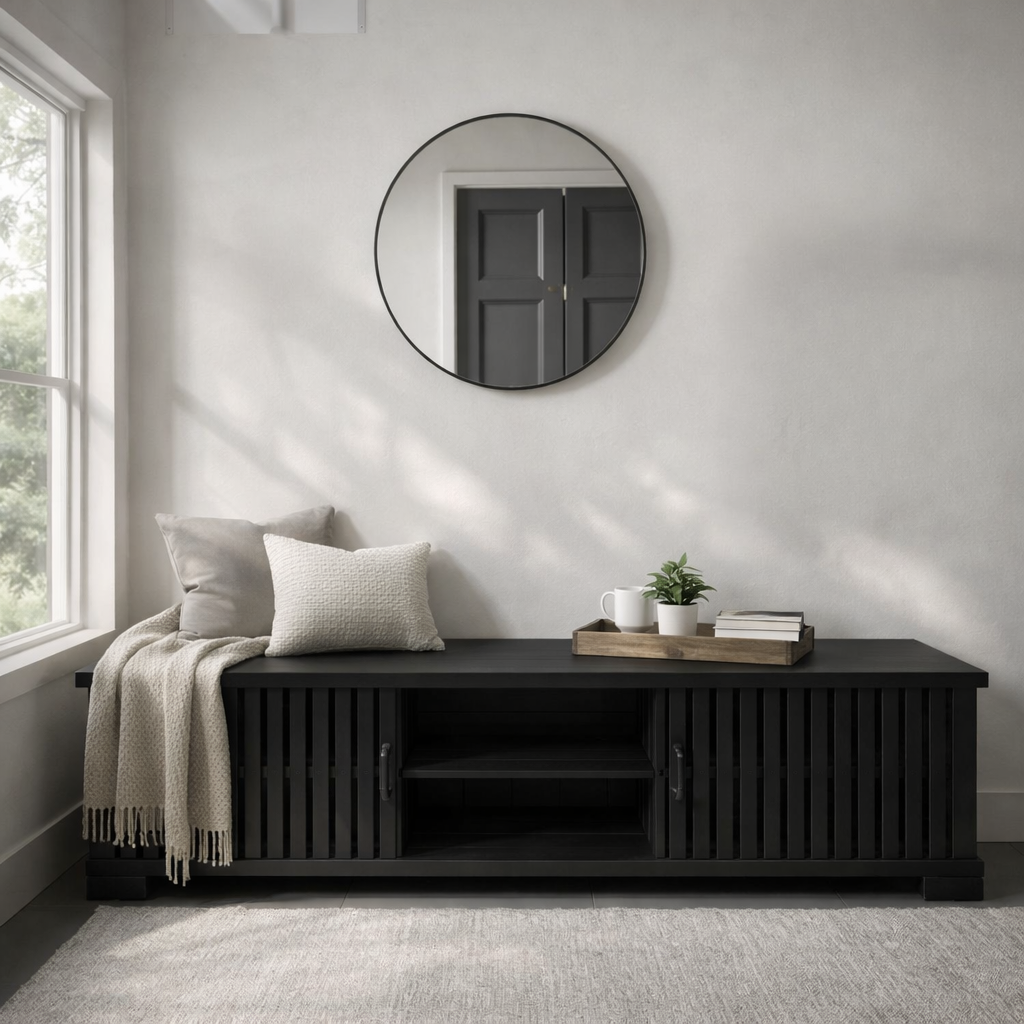 Solid Wood Storage Bench Slatted Doors Low Profile Entryway Bench with Shelf