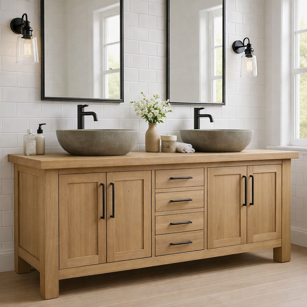 Solid Wood Double Bathroom Vanity Cabinet with Drawers & Doors – Rustic Farmhouse Vanity Base