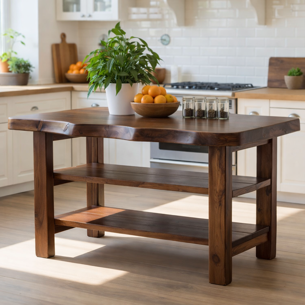 Solid Wood Kitchen Island Table with Double Storage Shelves – Farmhouse Prep & Storage Table