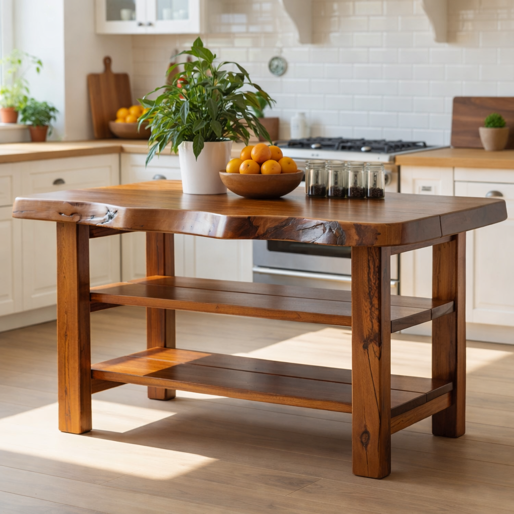 Solid Wood Kitchen Island Table with Double Storage Shelves – Farmhouse Prep & Storage Table