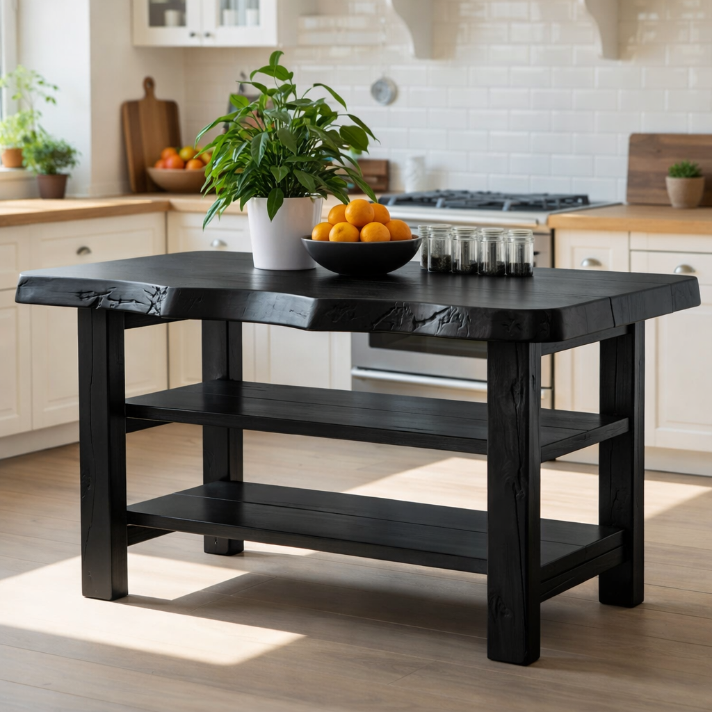 Solid Wood Kitchen Island Table with Double Storage Shelves – Farmhouse Prep & Storage Table