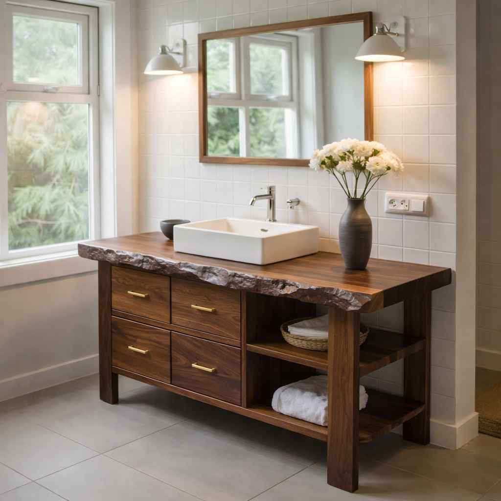 Solid Wood Rustic Bathroom Vanity with Drawers & Open Shelf – Live Edge Vanity Cabinet