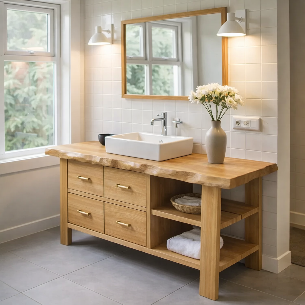 Solid Wood Rustic Bathroom Vanity with Drawers & Open Shelf – Live Edge Vanity Cabinet