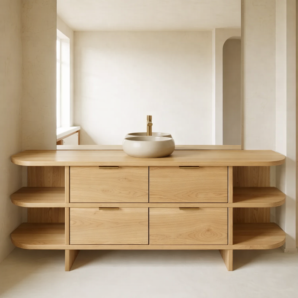 Solid Wood Bathroom Vanity with Drawers and Open Side Shelves – Modern Rustic Vanity Cabinet