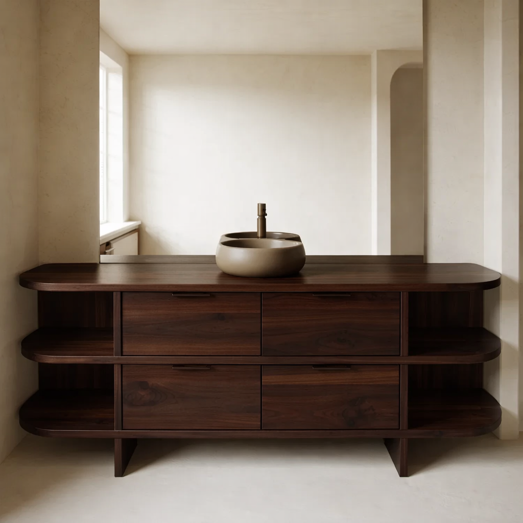Solid Wood Bathroom Vanity with Drawers and Open Side Shelves – Modern Rustic Vanity Cabinet