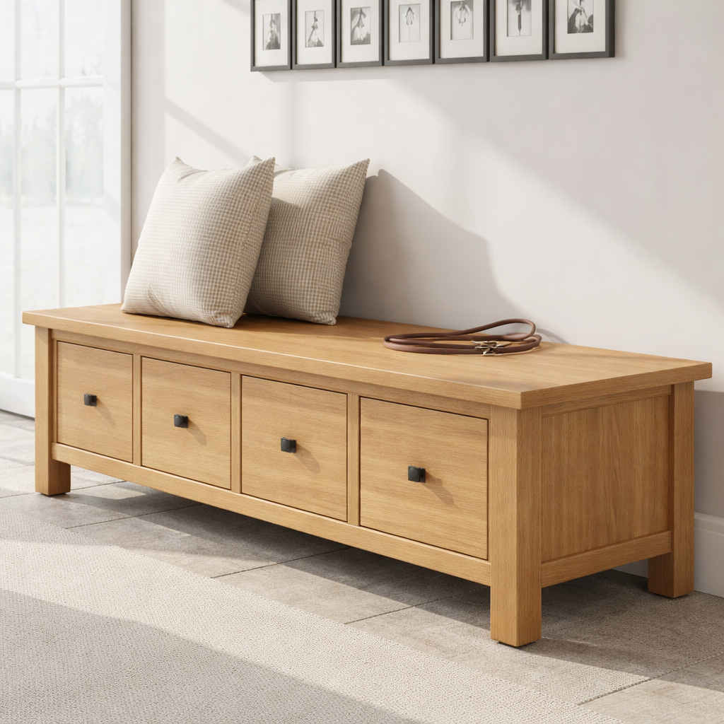 Solid Wood Storage Bench with Drawers – Rustic Entryway Shoe Storage Bench