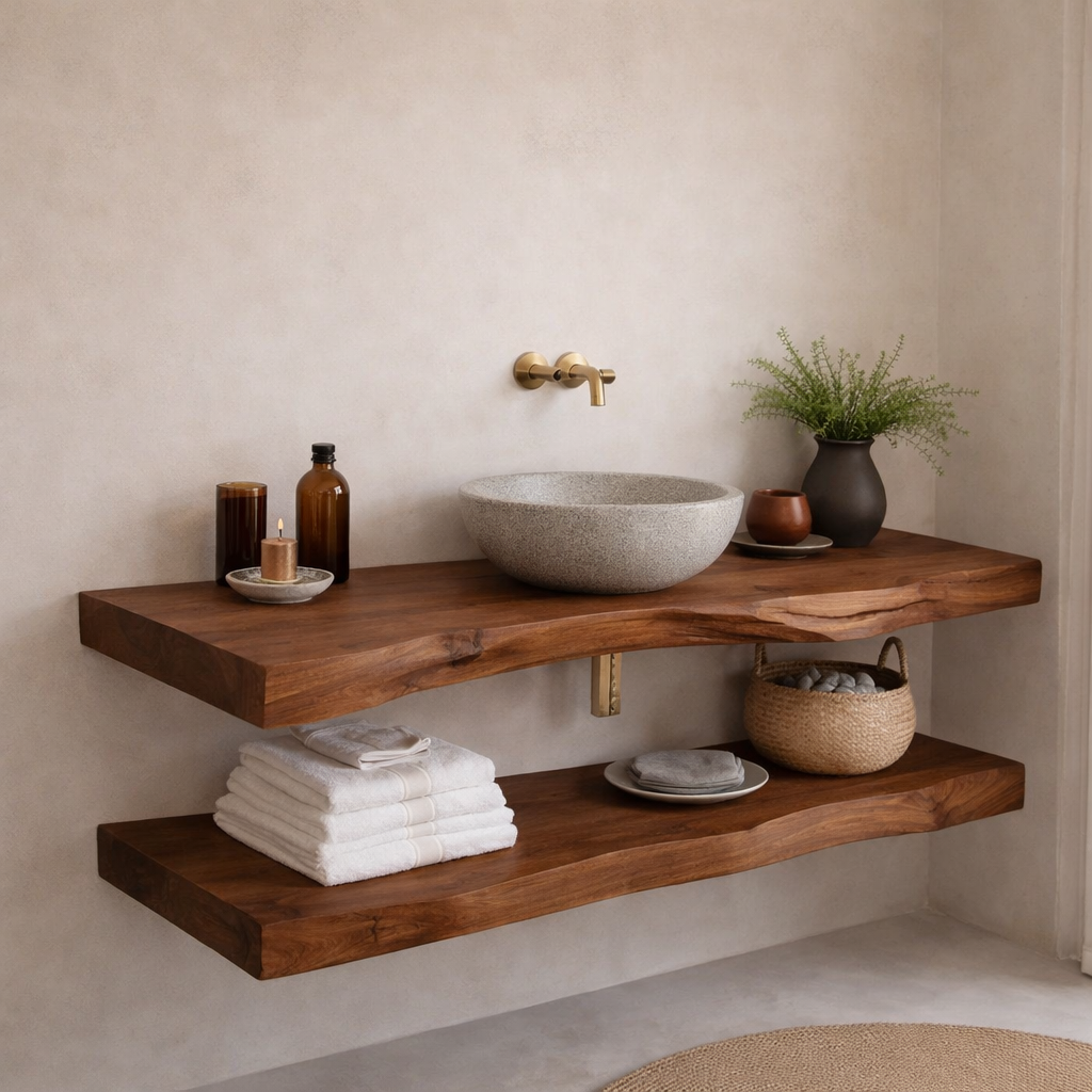 Floating Solid Wood Bathroom Vanity Shelf with Live Edge – Rustic Wall Mounted Vanit
