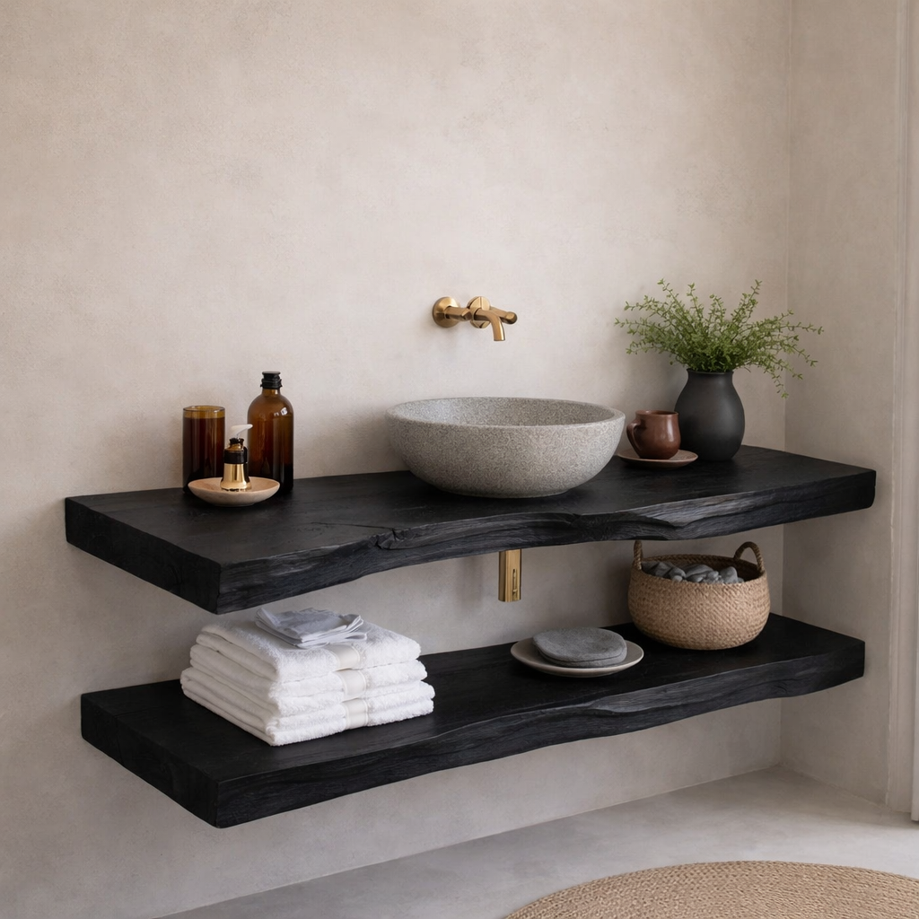 Floating Solid Wood Bathroom Vanity Shelf with Live Edge – Rustic Wall Mounted Vanit
