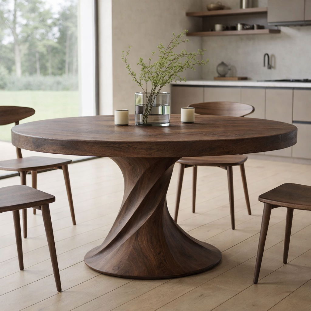 Solid Wood Round Dining Table with Sculptural Pedestal Base – Modern Rustic Dining Table