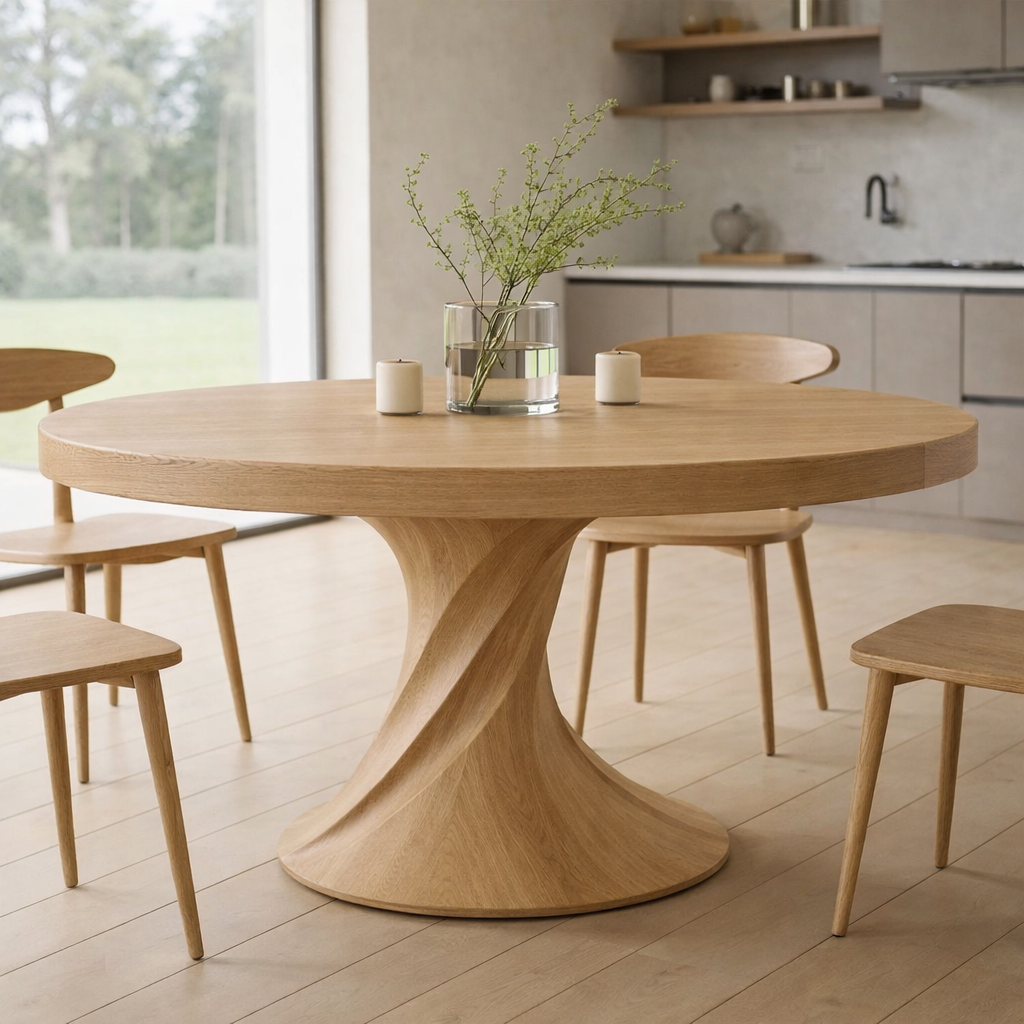 Solid Wood Round Dining Table with Sculptural Pedestal Base – Modern Rustic Dining Table