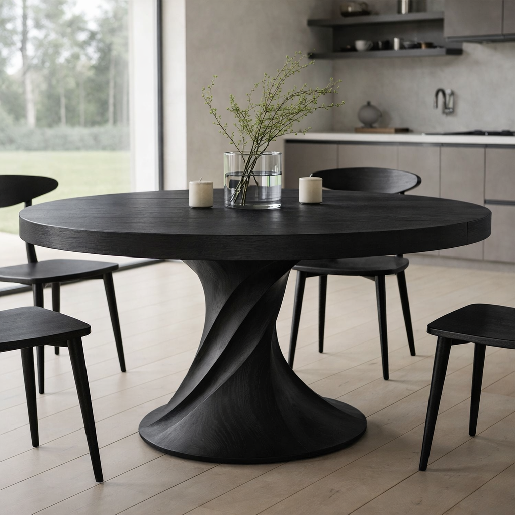 Solid Wood Round Dining Table with Sculptural Pedestal Base – Modern Rustic Dining Table