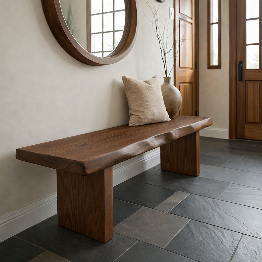 Solid Wood Entryway Bench with Live Edge Seat – Rustic Modern Hallway Bench