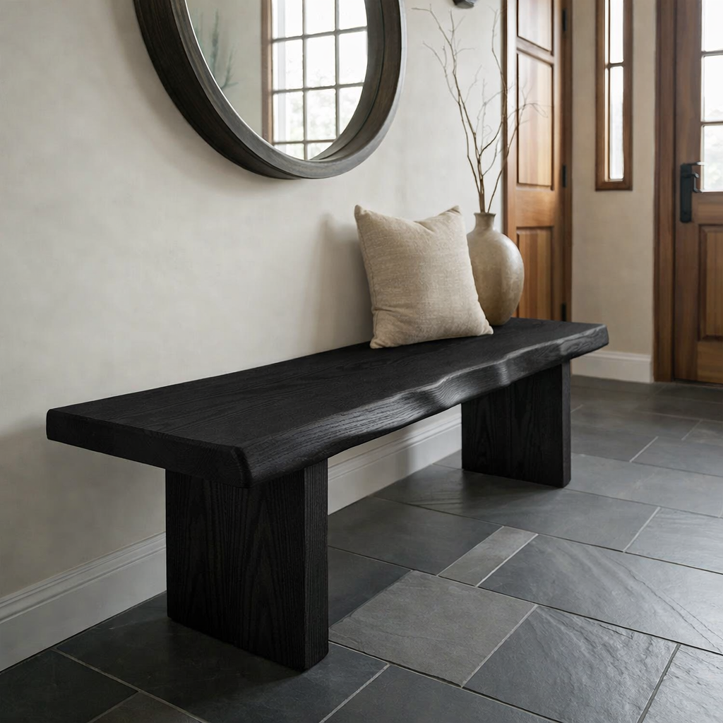 Solid Wood Entryway Bench with Live Edge Seat – Rustic Modern Hallway Bench