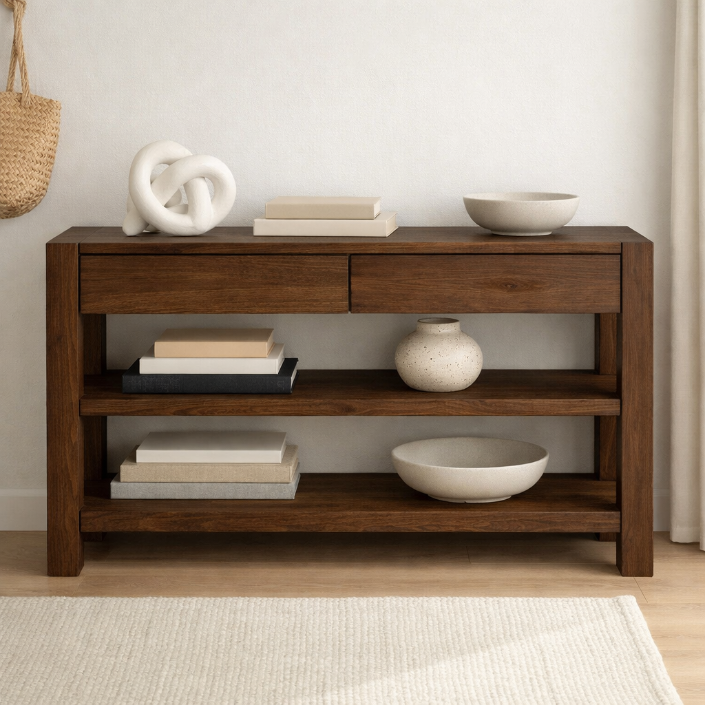 Solid Wood Console Table with Drawers and Shelves – Modern Oak Entryway Storage Table