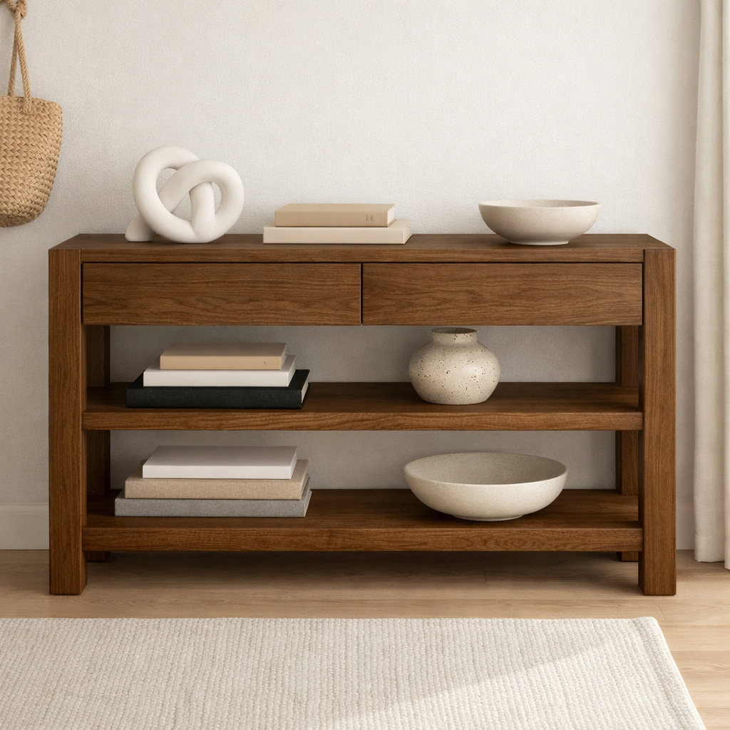Solid Wood Console Table with Drawers and Shelves – Modern Oak Entryway Storage Table