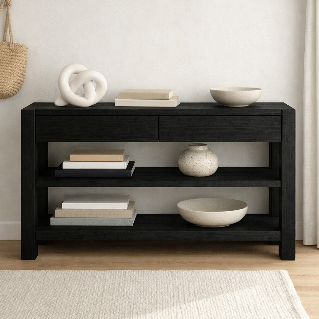Solid Wood Console Table with Drawers and Shelves – Modern Oak Entryway Storage Table