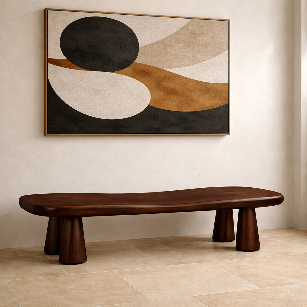 Solid Wood Sculptural Bench – Modern Organic Entryway Seating Bench