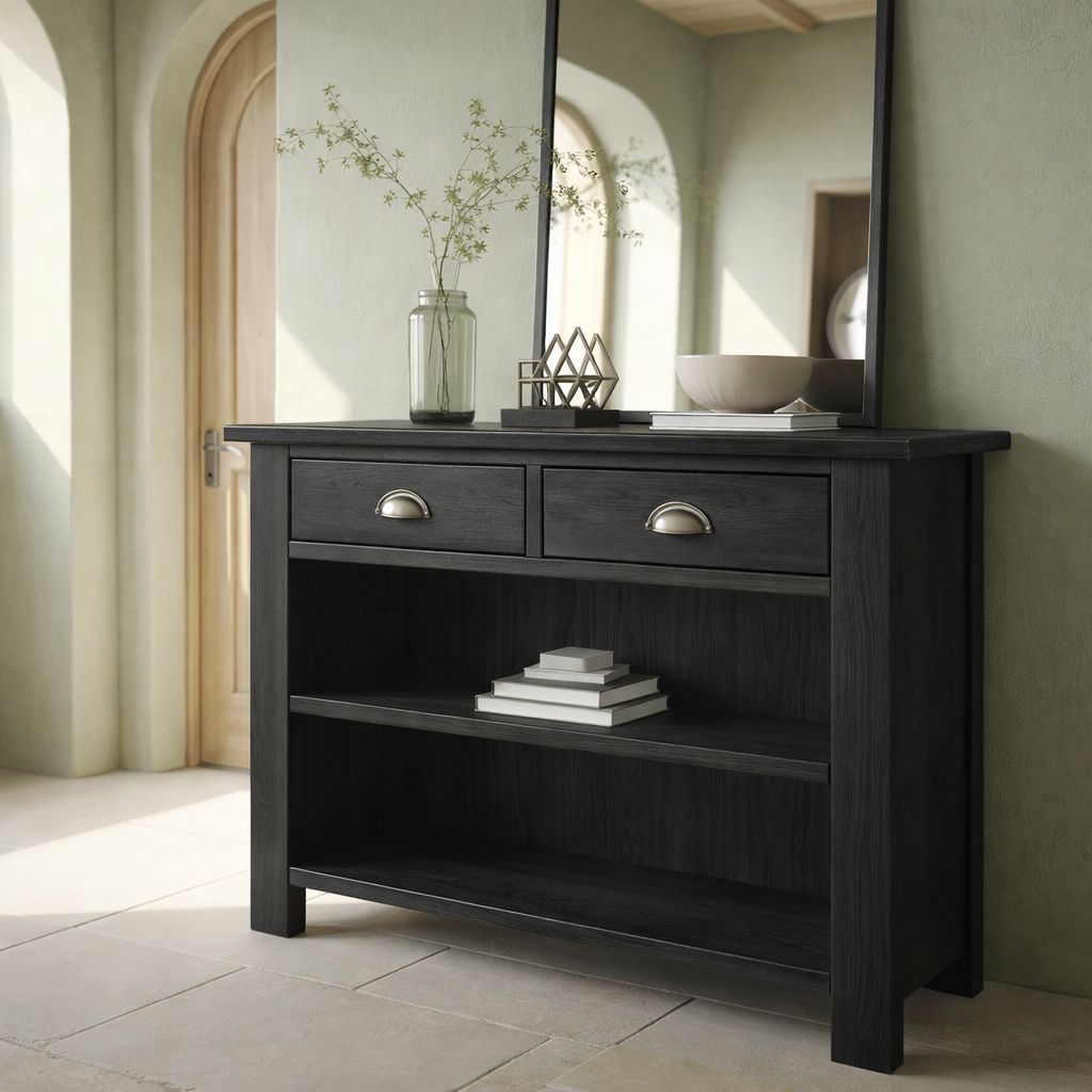 Solid Wood Console Table with Drawers and Shelves – Entryway Storage Console