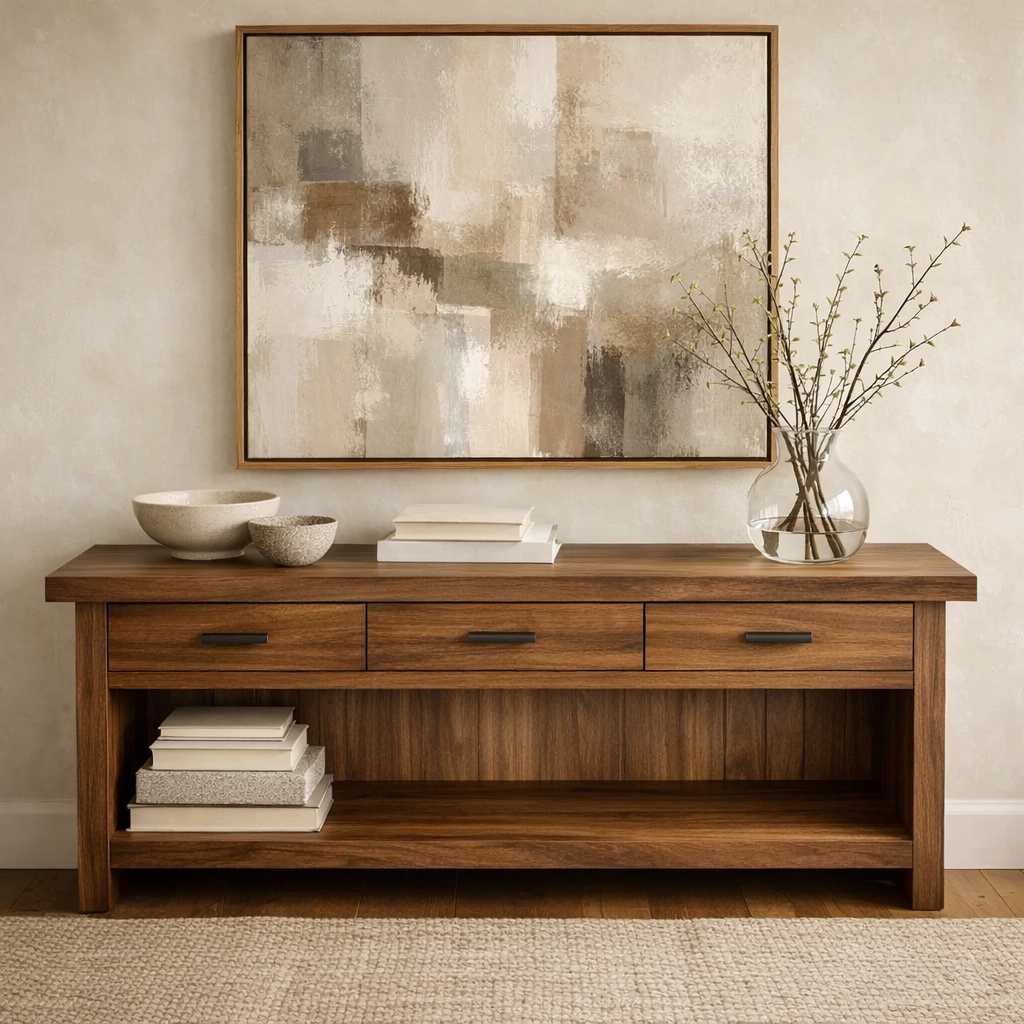 Handcraft Solid Wood Console Table with Drawers and Open Shelf