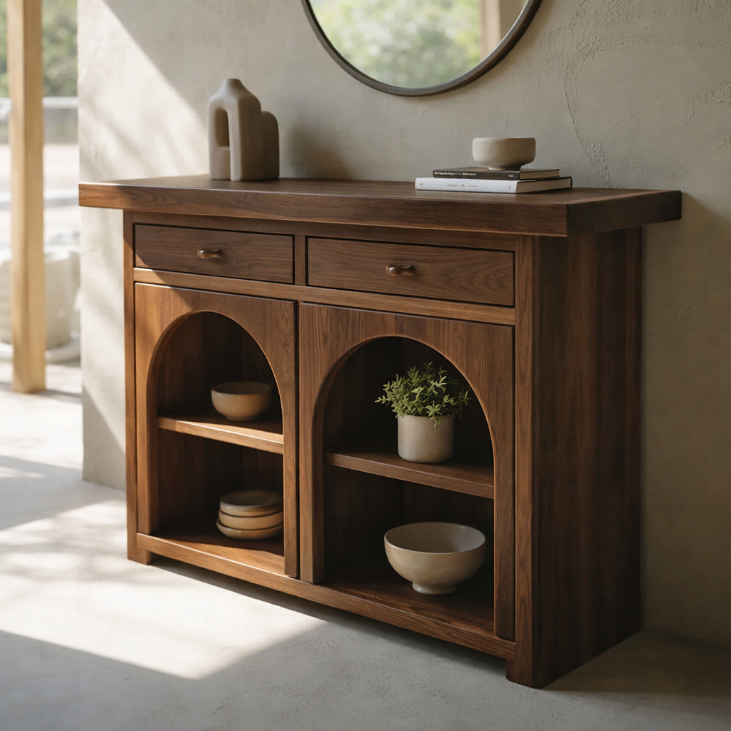 Solid Wood Console Cabinet with Arched Shelves – Modern Entryway Storage Console