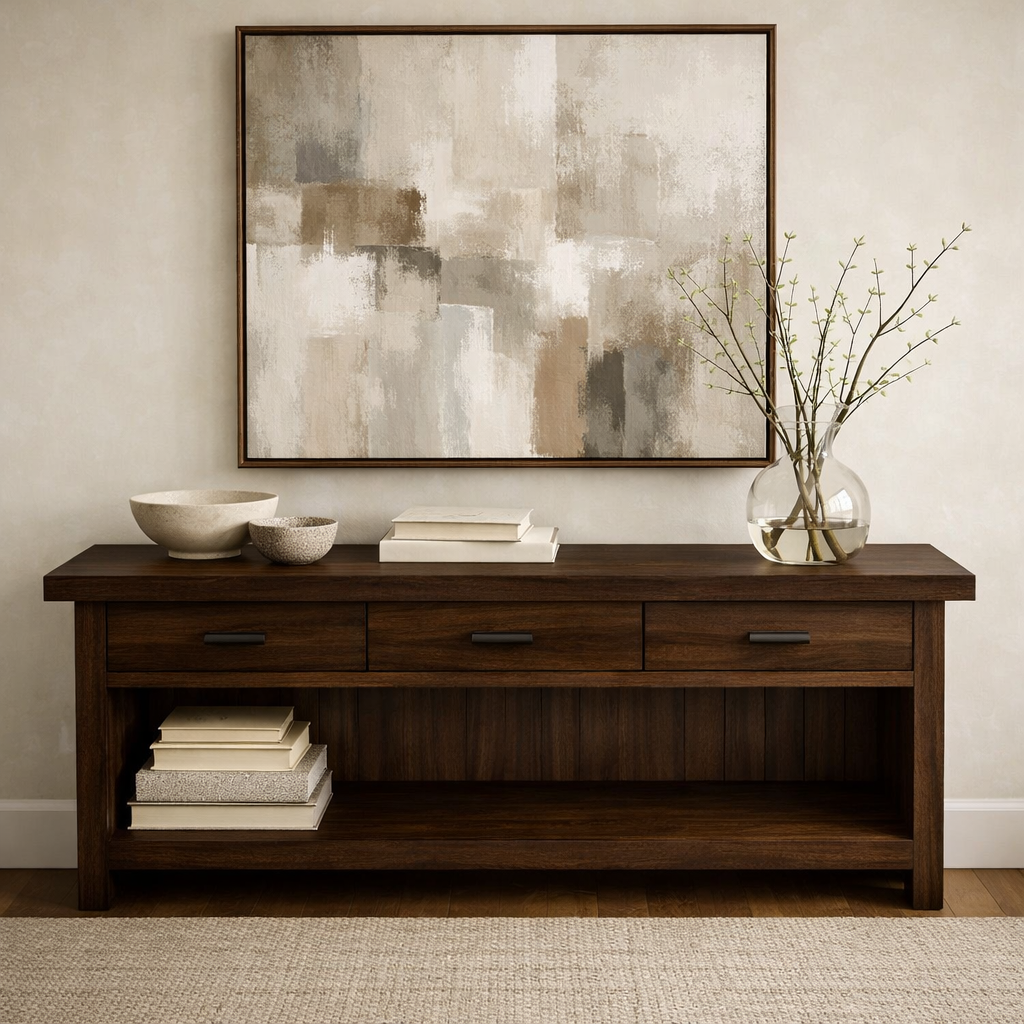 Handcraft Solid Wood Console Table with Drawers and Open Shelf