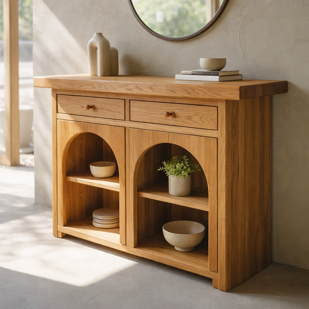 Solid Wood Console Cabinet with Arched Shelves – Modern Entryway Storage Console