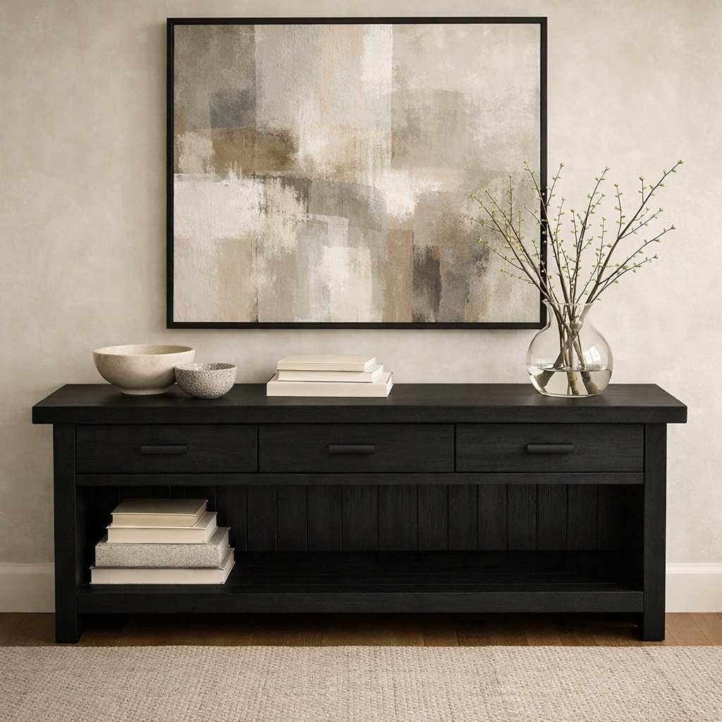 Handcraft Solid Wood Console Table with Drawers and Open Shelf