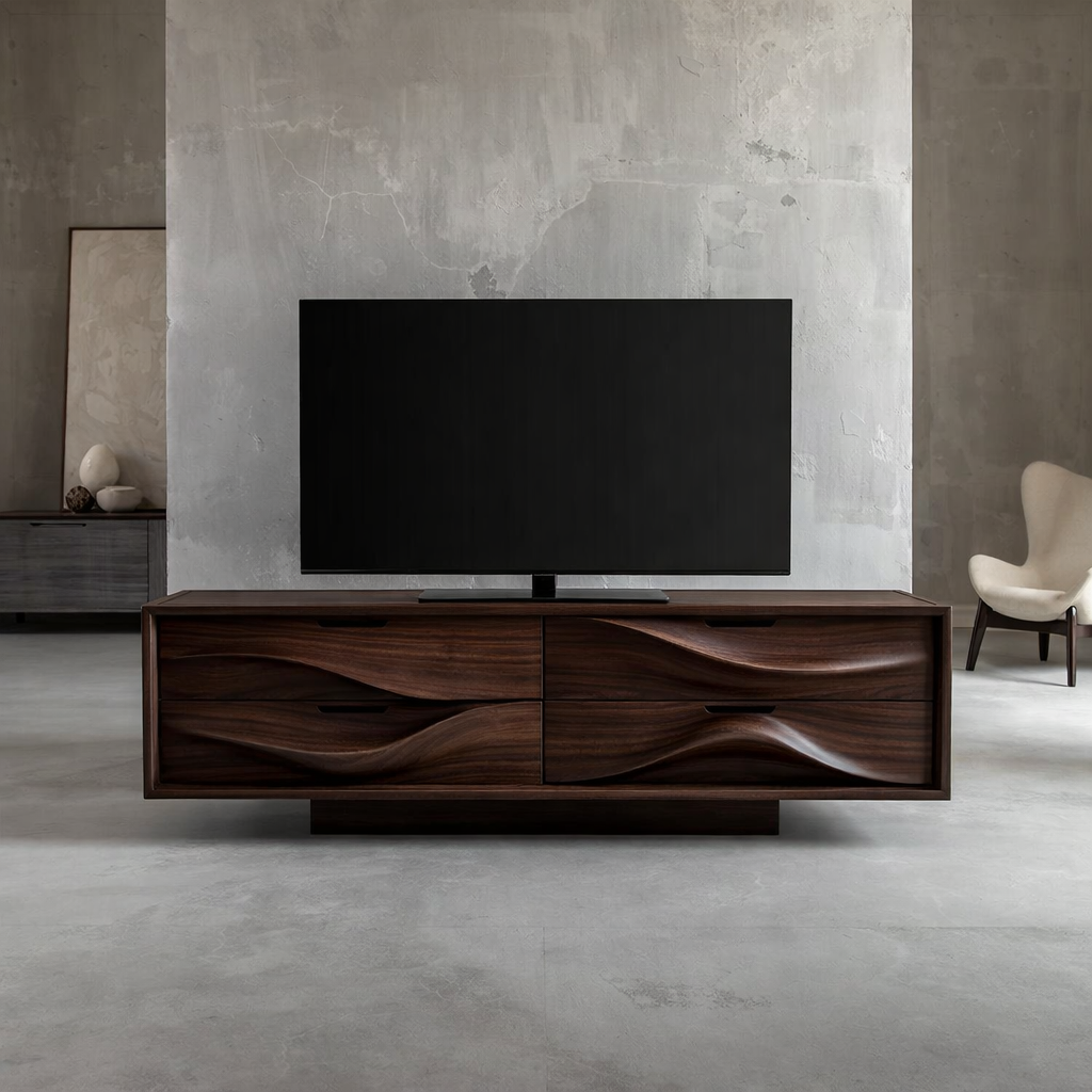 Solid Wood TV Stand with Sculpted Wave Doors – Modern Minimalist Media Console