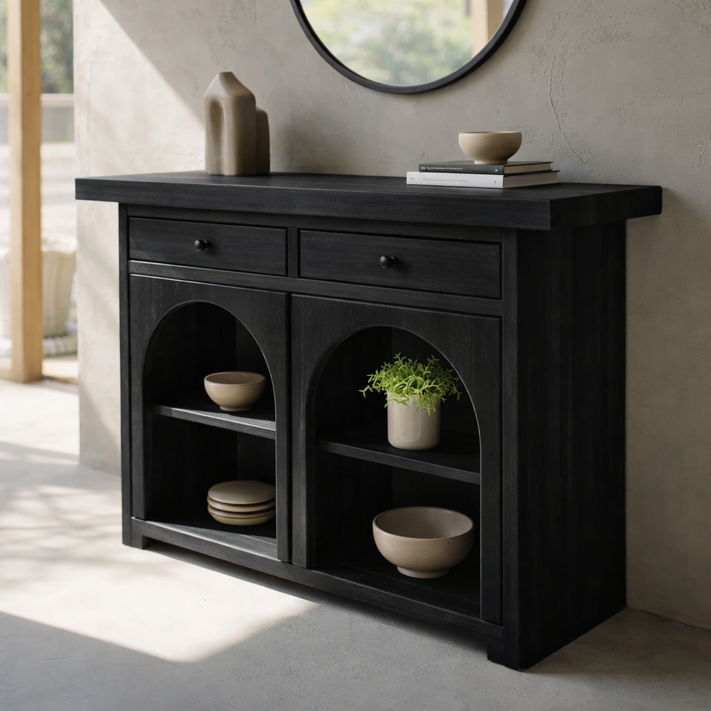 Solid Wood Console Cabinet with Arched Shelves – Modern Entryway Storage Console