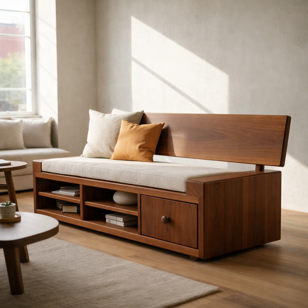 Solid Wood Storage Sofa – Walnut Wooden Sofa with Built-in Shelves
