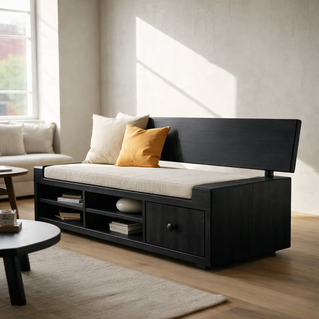 Solid Wood Storage Sofa – Walnut Wooden Sofa with Built-in Shelves