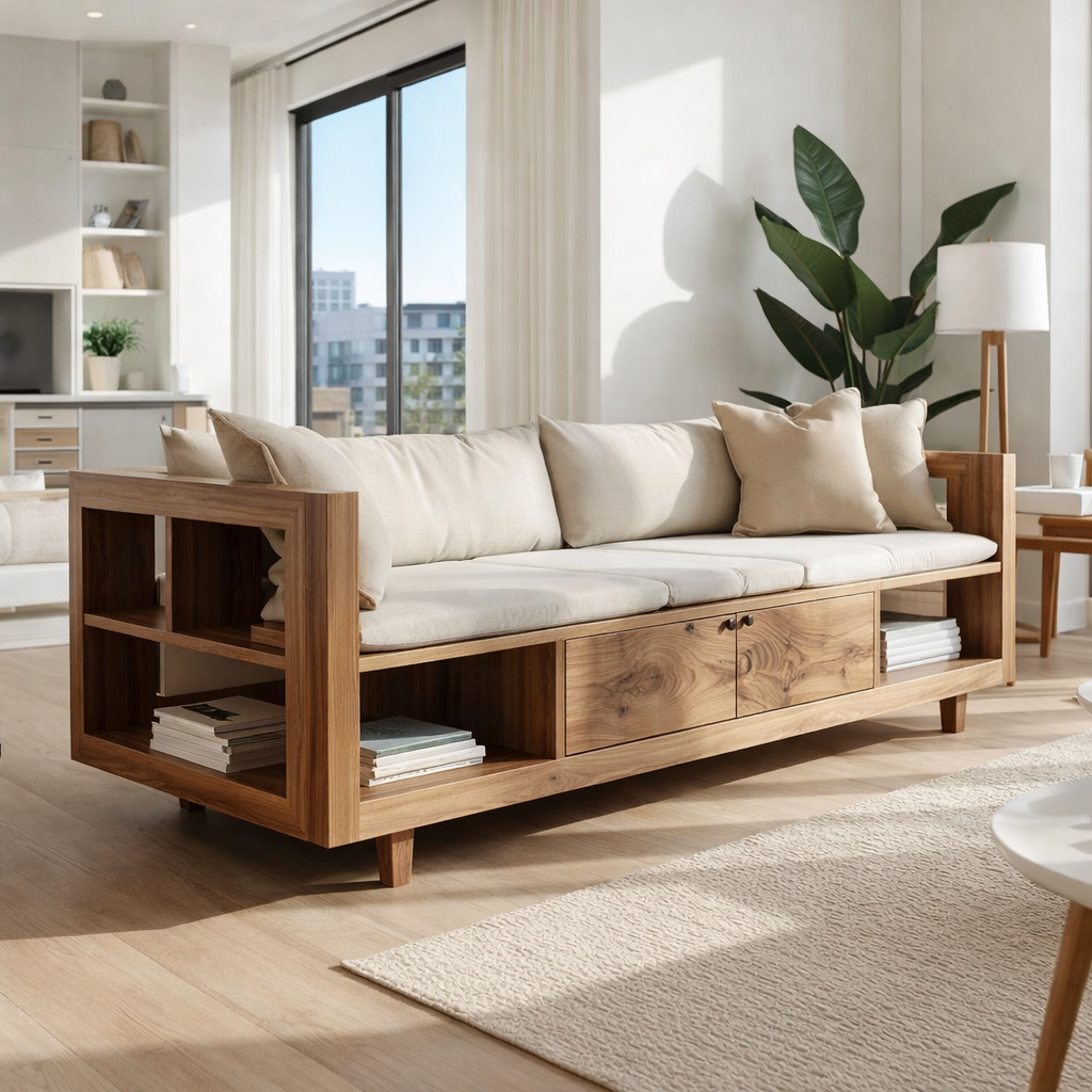 Solid Wood Storage Sofa – Modern Wooden Sofa with Shelves and Drawers