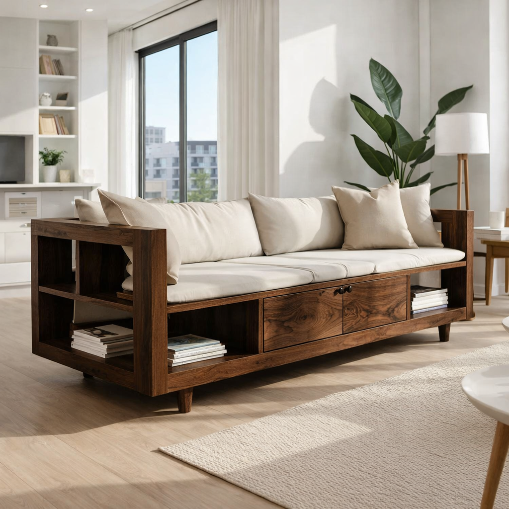 Solid Wood Storage Sofa – Modern Wooden Sofa with Shelves and Drawers