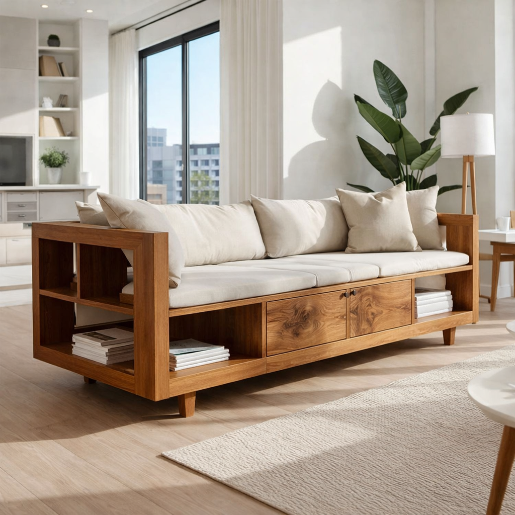 Solid Wood Storage Sofa – Modern Wooden Sofa with Shelves and Drawers