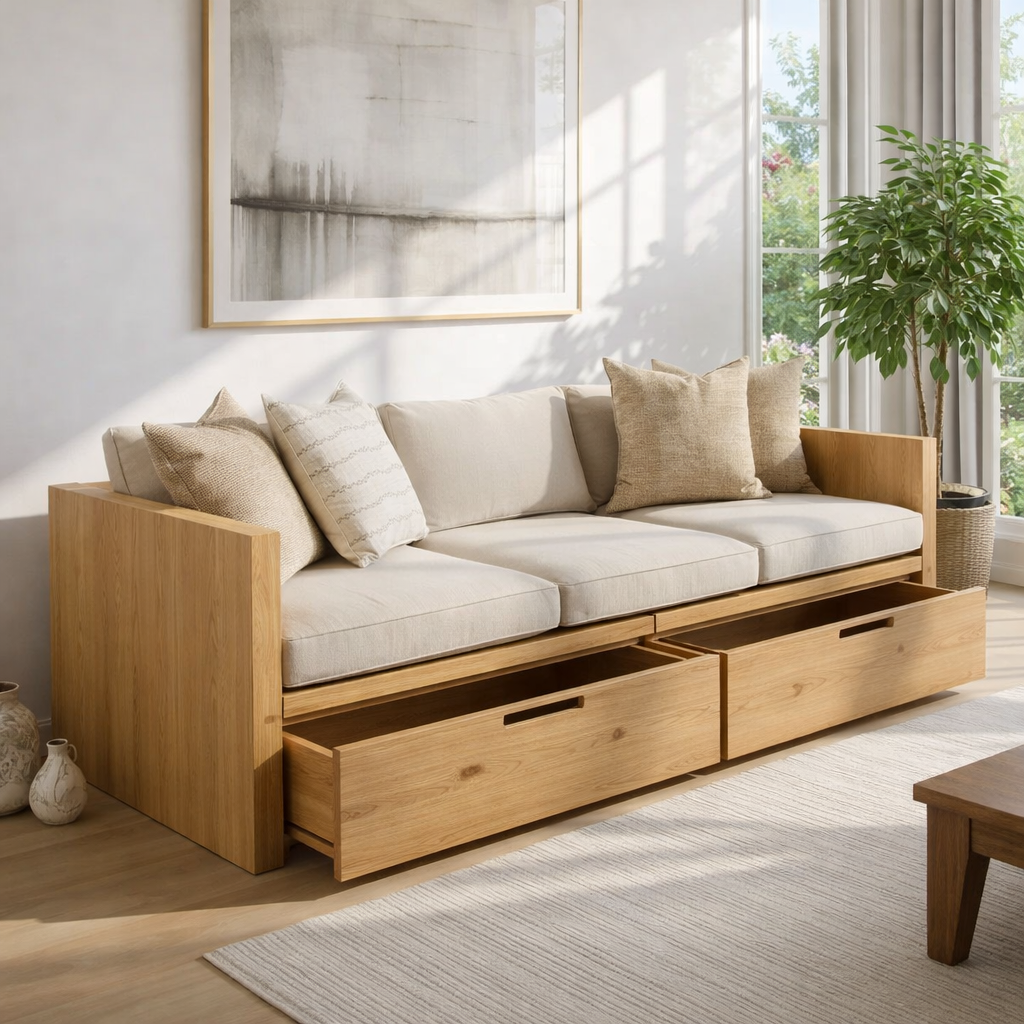 Solid Wood Storage Sofa – Walnut Wooden Sofa with Large Drawers