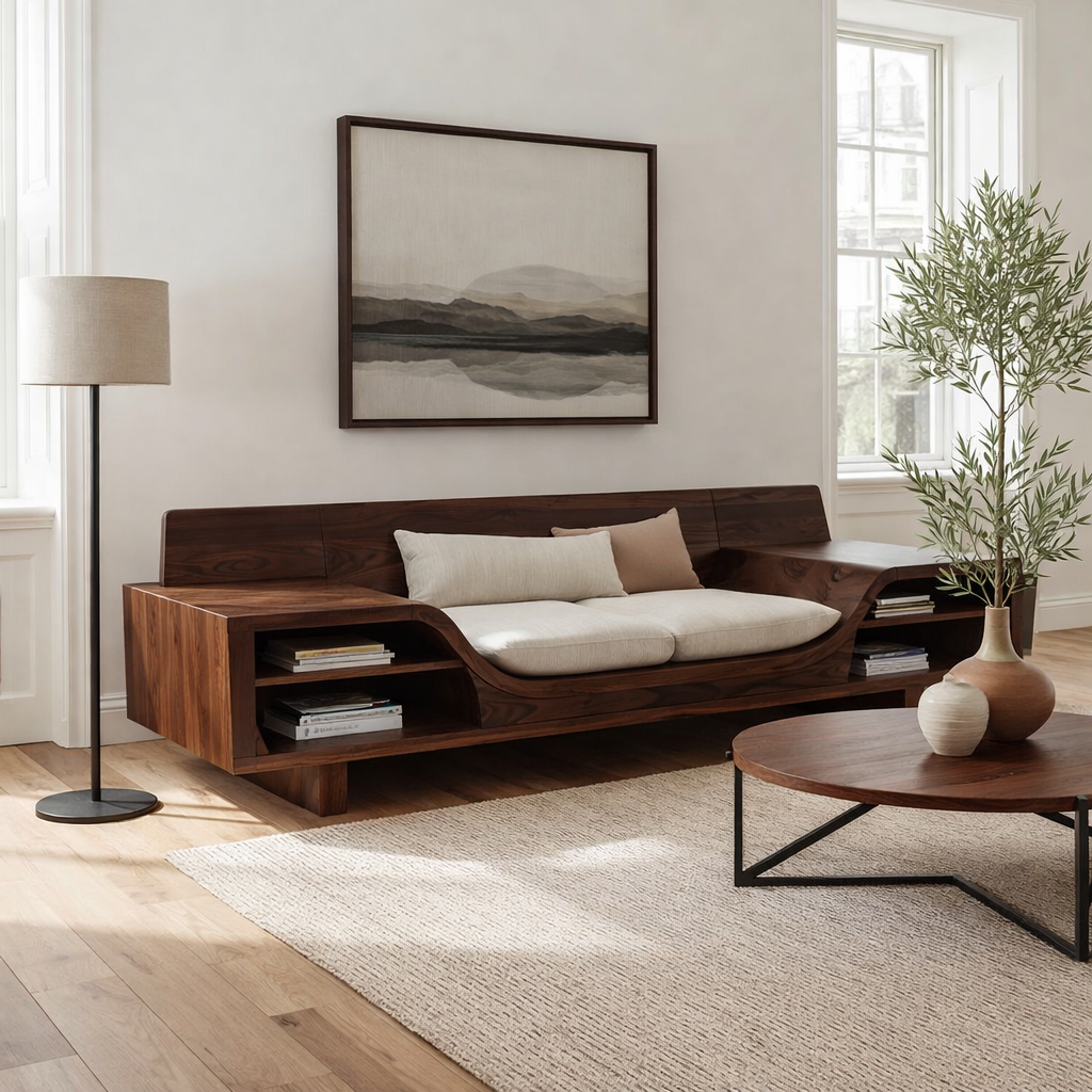 Walnut Solid Wood Sofa with Shelves – Modern Sculptural Wooden Sofa