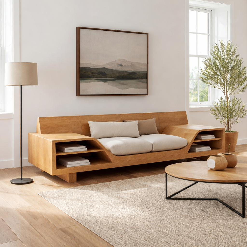 Walnut Solid Wood Sofa with Shelves – Modern Sculptural Wooden Sofa