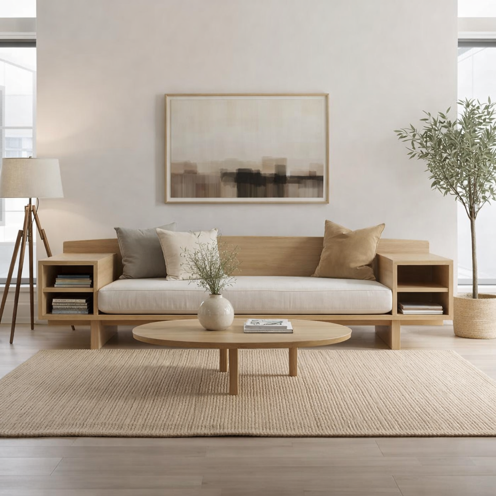 Walnut Solid Wood Sofa with Side Shelves – Modern Wooden Living Room Sofa