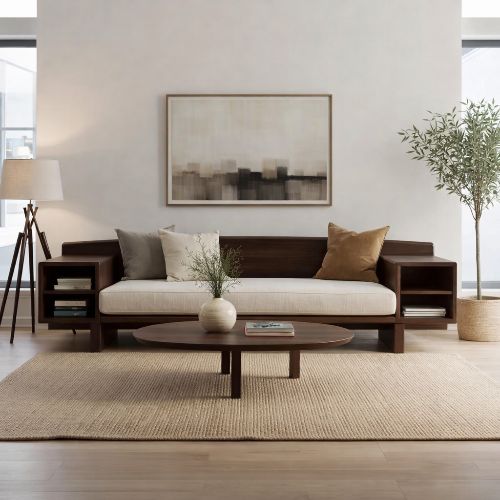 Walnut Solid Wood Sofa with Side Shelves – Modern Wooden Living Room Sofa